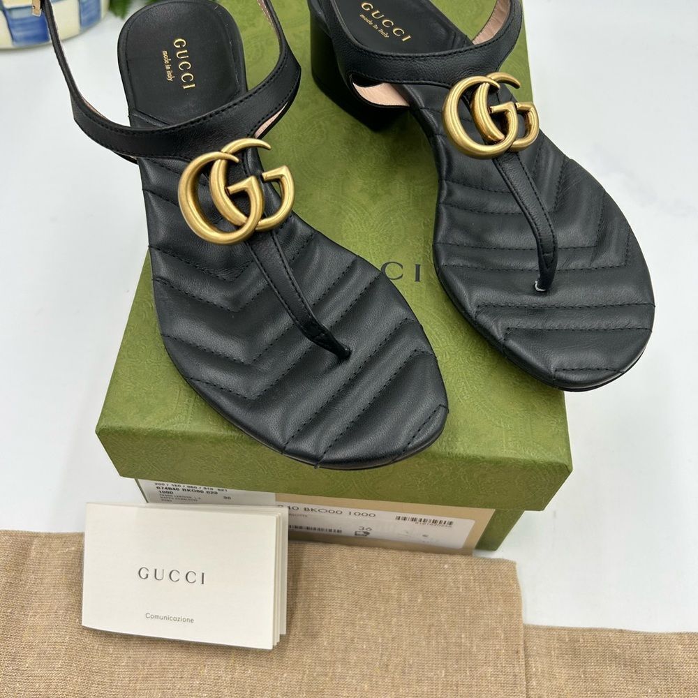 Gucci Black Leather GG Thong Sandals with Gold Hardware - Picture 3 of 10